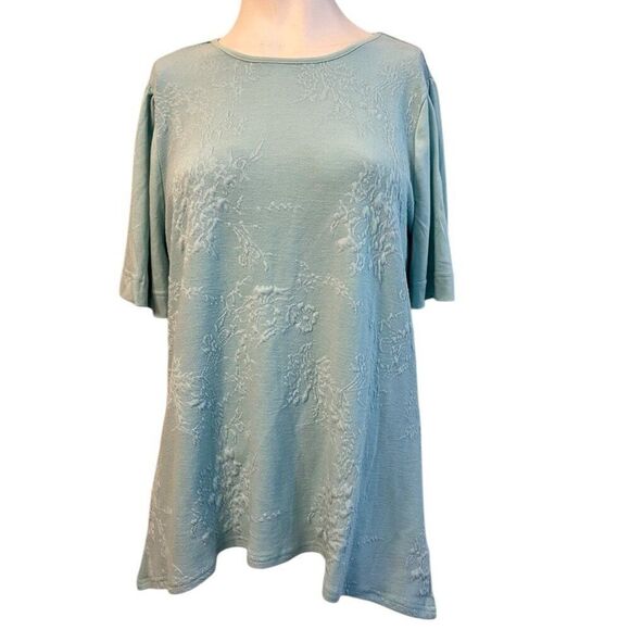 DG2 by Diane Gilman Ladies Medium Jacquard Short Sleeve T Shirt Turquoise NWT - Picture 1 of 4